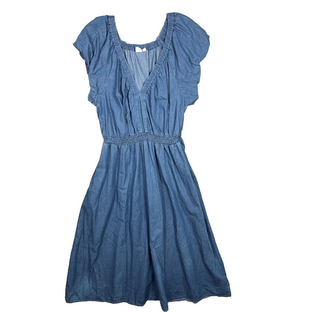 GAP Large Womens Dress Puff Sleeve Denim Midi‎ V-Neck 100% Cotton Medium Wash